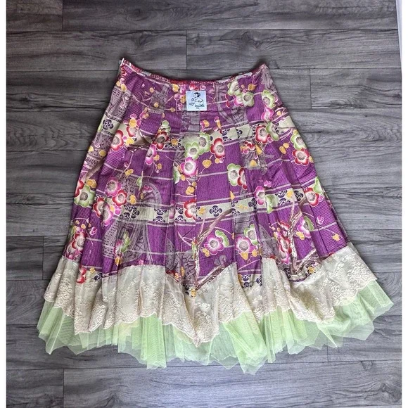 Rebe Layered Floral Skirt Size S Boho Lace Tulle Hem Pleated Statement Unique - Picture 10 of 11